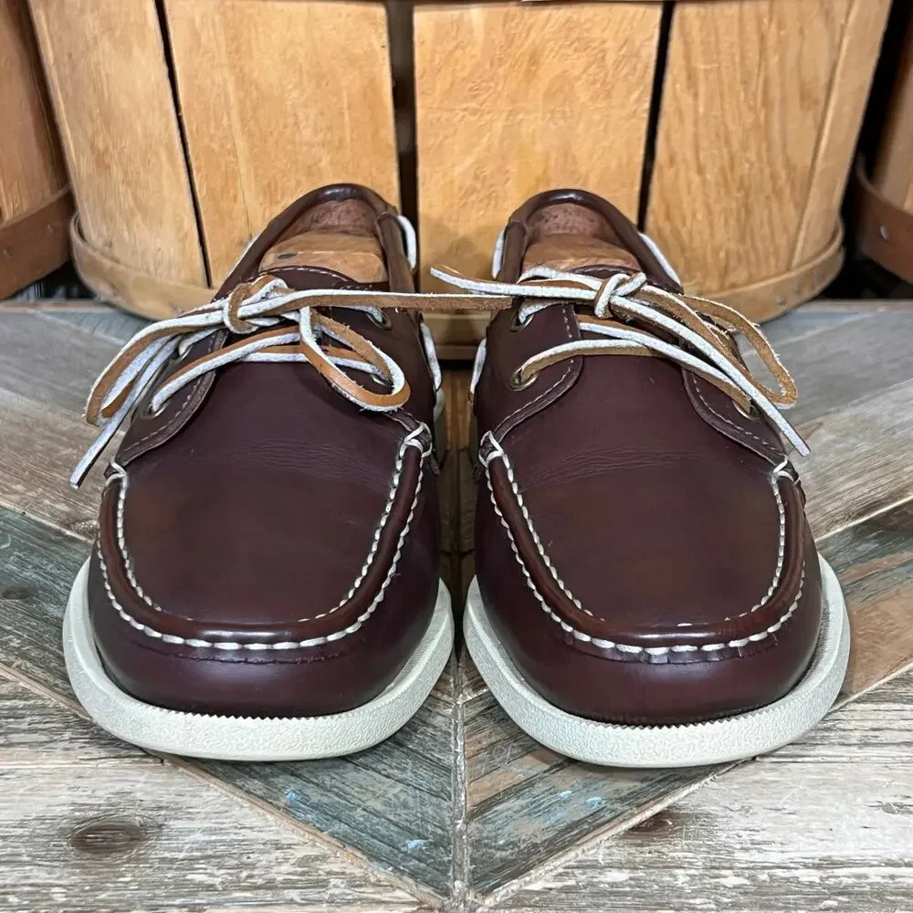 Lands' End Mainstay 2-Eye A/O Brown Leather Lace-Up Boat Shoes Mens Size 9.5 D